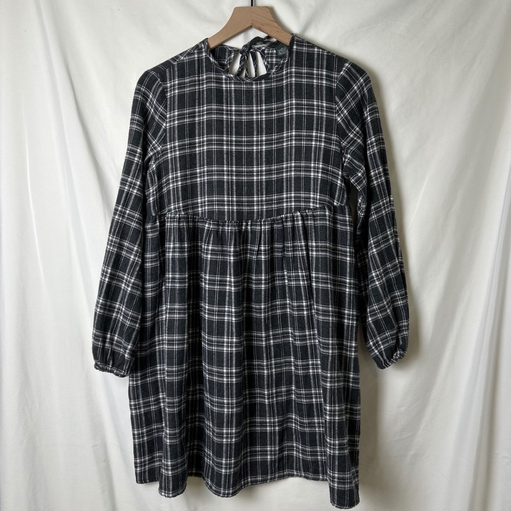 Wild Fable Women Black Plaid Flannel Long Sleeve Babydoll Midi Dress Size XS